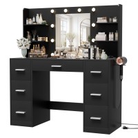 Furmax Vanity Desk With Mirror Led Lights And Power Outlet Makeup Vanity Table With 7 Drawers And 6 Storage Shelves Dressing Ta