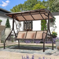 Homrest Outdoor Porch Swing With Adjustable Hardtop Backrest 3Person Patio Canopy Swing Textilene Bed With Side Cup Holder P