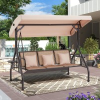 Homrest Outdoor Porch Swing With Adjustable Canopy Backrest 3Person Patio Canopy Swing Textilene Bed With Side Cup Holder Pi