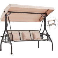 Homrest Outdoor Porch Swing With Adjustable Canopy Backrest 3Person Patio Canopy Swing Textilene Bed With Side Cup Holder Pi