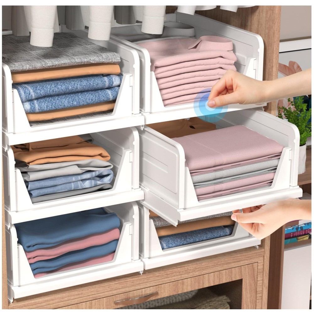 6 Pack Folding Closet Organizers Storage Box Stackable Storage Bins Plastic Drawer Basket Closet Storage White6L