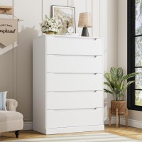 Hostack Modern 5 Drawer Dresser For Bedroom Tall Chest Of Drawers With Storage Large Wood Cloth Storage Organizer With Cutout