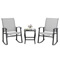 Shintenchi 3 Piece Rocking Bistro Set Outdoor Furniture With Rocker Chairs And Glass Coffee Table Set Of 3 Balcony Porch Furn