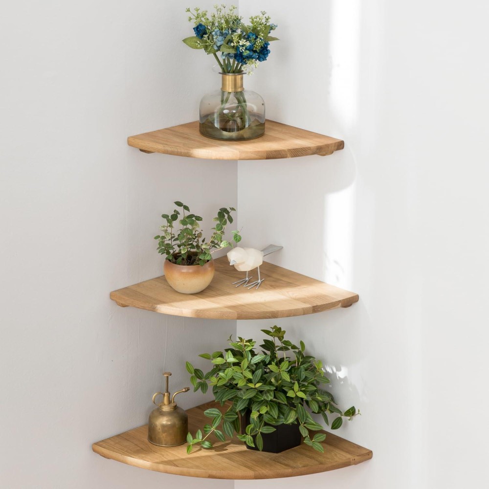 Corner Shelves Floating Corner Shelf Set Of 3 Solid Oak Wood Corner Wall Shelves Round End With Wire Hole Shelving For Small