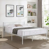 Vecelo 14 Queen Size White Metal Platform Bed Frame With Headboard Premium Steel Slat Supportno Box Spring Needednoisefree