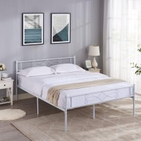 Vecelo 14 Queen Size White Metal Platform Bed Frame With Headboard Premium Steel Slat Supportno Box Spring Needednoisefree