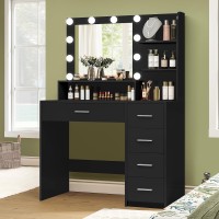 Quimoo Makeup Vanity Desk With Mirror & Lights  Vanity Desk With 5 Drawers & Storage Shelves  Vanity Table  3 Color Modes & Adjustable Brightness Dressing Table  Bedroom