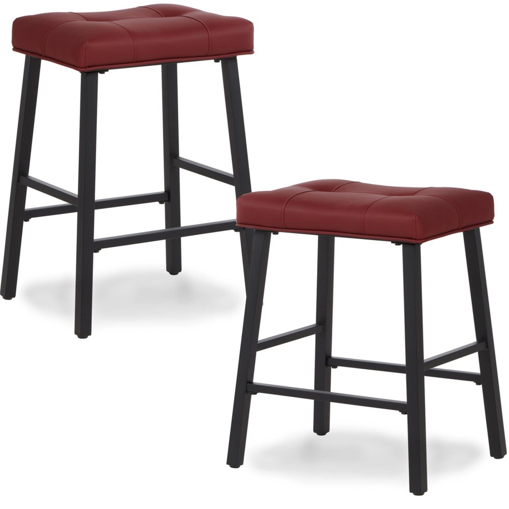 Kairuituch 24 Inch Bar Stools Set Of 2 Backless Counter Height Bar Stools Upholstered Kitchen Barstools With Metal Base Red P