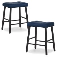 Kairuituch 24 Inch Bar Stools Set Of 2 Backless Counter Height Bar Stools Upholstered Kitchen Barstools With Metal Base Blue