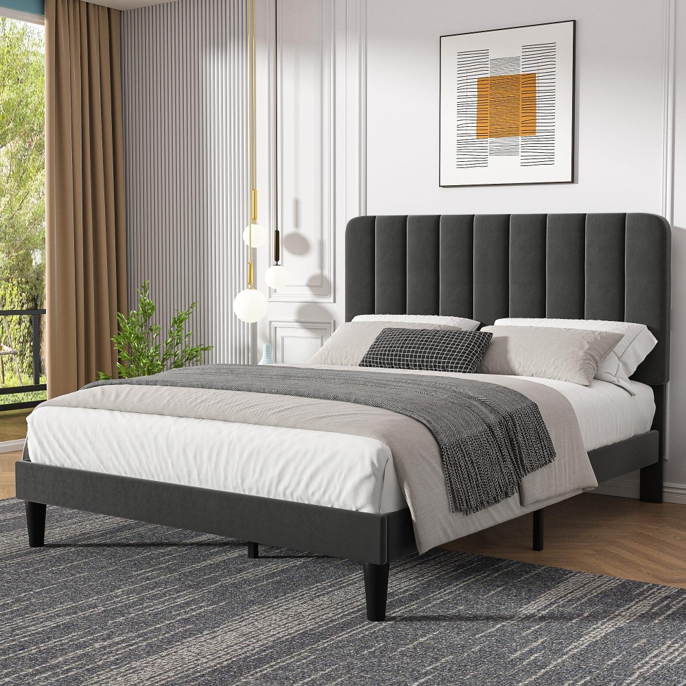 Vecelo Queen Size Upholstered Bed Frame With Adjustable Headboard Velvet Platform Bedframe Mattress Foundation Strong Wood Sla