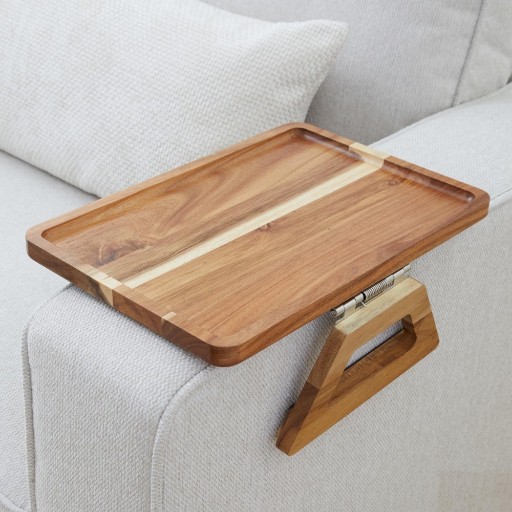 Shamrock Home Acacia Wood Trayble Couch Arm Table Clip On Tray Sofa Table For Couches Sofa Arm Tray Armchair Table For Tv Din