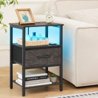 Yoobure Grey Night Stand With Charging Station Led Nightstand For Bedroom Bedside Tables With Adjustable Fabric Drawer 3Tier