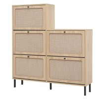 Zehuoge Rattan Shoe Cabinet With 5 Flip Drawers Narrow Shoe Rack Cane Storage Cabinet For Entryway Large Shoe Organizer With C