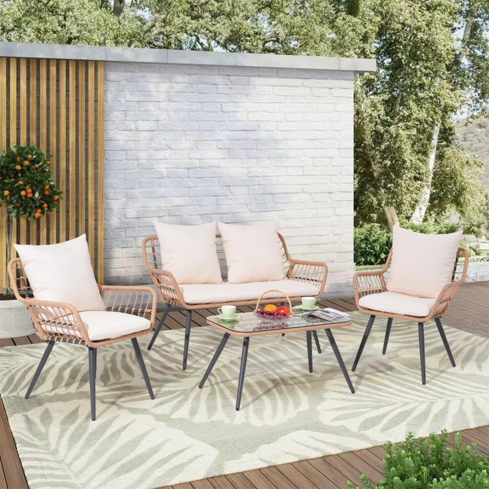 Verano Garden 4 Pieces Patio Furniture Set Outdoor Wicker Patio Conversation Set For Porch Deck Boho Loveseat 2 Armchairs Wi