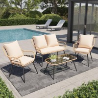 Verano Garden 4 Pieces Patio Furniture Set Outdoor Wicker Patio Conversation Set For Porch Deck Boho Loveseat 2 Armchairs Wi