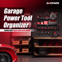 Amoowis Tool Organizer With 6 Drill Holder Wall Mount  Cordless Drill Hanger Storage Rack  Heavy Duty Iron  Garage Storage Shelf With Hooks And Screwdriver  Battery Storage Organizer