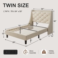 Einhomn Twin Size Bed Frame With Wingback Button Tufted Storage Headboard And Type Ac Ports Upholstered Platform Bed Wooden Sl