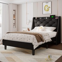 Feonase Twin Bed Frame With Luxury Wingback Upholstered Button Tufted Storage Headboard Twin Platform Bed With Charging Station