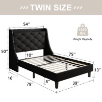 Feonase Twin Bed Frame With Luxury Wingback Upholstered Button Tufted Storage Headboard Twin Platform Bed With Charging Station