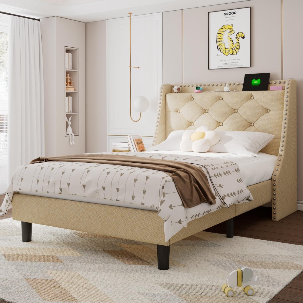 Feonase Twin Bed Frames With Luxury Wingback And Fast Charging Station Twin Size Upholstered Button Tufted Storage Headboard Pla