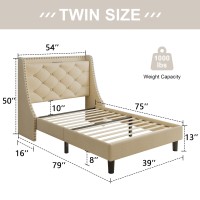 Feonase Twin Bed Frames With Luxury Wingback And Fast Charging Station Twin Size Upholstered Button Tufted Storage Headboard Pla