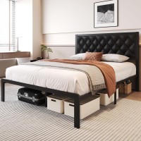 Fluest Queen Bed Frame With Headboard Pu Leather Upholstered Bed Frame Platform All Metal Slats Support Platform Bed Frame With Storage Space Easy Assembly Noise Free No Box Spring Needed Black