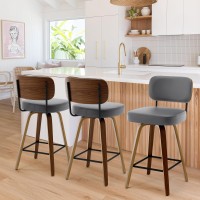 Bekrvio Swivel Counter Height Bar Stools Set Of 3 26 Upholstered Faux Leather Barstools With Back And Bent Wood Legs Mid Cen