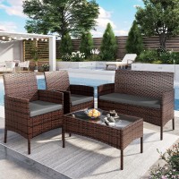 Udpatio Patio Furniture 4 Pieces Outdoor Wicker Rattan Chair Balcony Conversation Sets Porch Furniture Sectional Loveseat W Cush