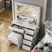 Fusou 37 W Vanity Desk With Power Outlet Makeup Vanity With Mirror And Lights 3 Lighting Modes Vanity Table With Chair For