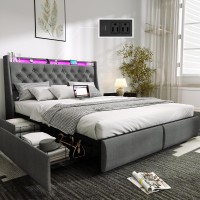 Doltoro Full Size Bed Frame With 4 Storage Drawers And Upholstered Headboard Button Tufted Platform Bed With Led Lights And Cha