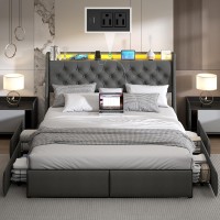 Doltoro Full Size Bed Frame With 4 Storage Drawers And Upholstered Headboard Button Tufted Platform Bed With Led Lights And Cha