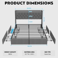 Queen Size Bed Frame With 4 Storage Drawers And Led Lights Queen Bed Frame With Upholstered Headboard And Charging Station Ste