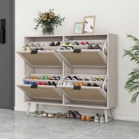 Zehuoge Rattan Shoe Cabinet With 4 Flip Drawers Narrow Hidden Shoe Rack With Pine Legs Cane Storage Cabinet For Entryway Larg