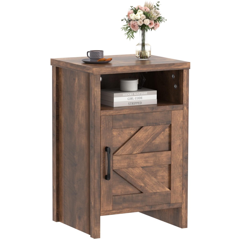 Jummico Farmhouse Nightstand Modern Bedside Table With Barn Door And Shelf Rustic End Table Side Table For Bedroom Living Roo