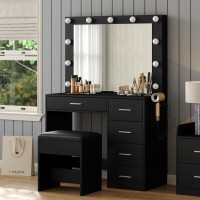 Fusou Vanity Desk With Power Outlet 37W Make Up Vanity With Lighting Mirror 3 Lighting Modes Adjustable 5 Drawers Dressing