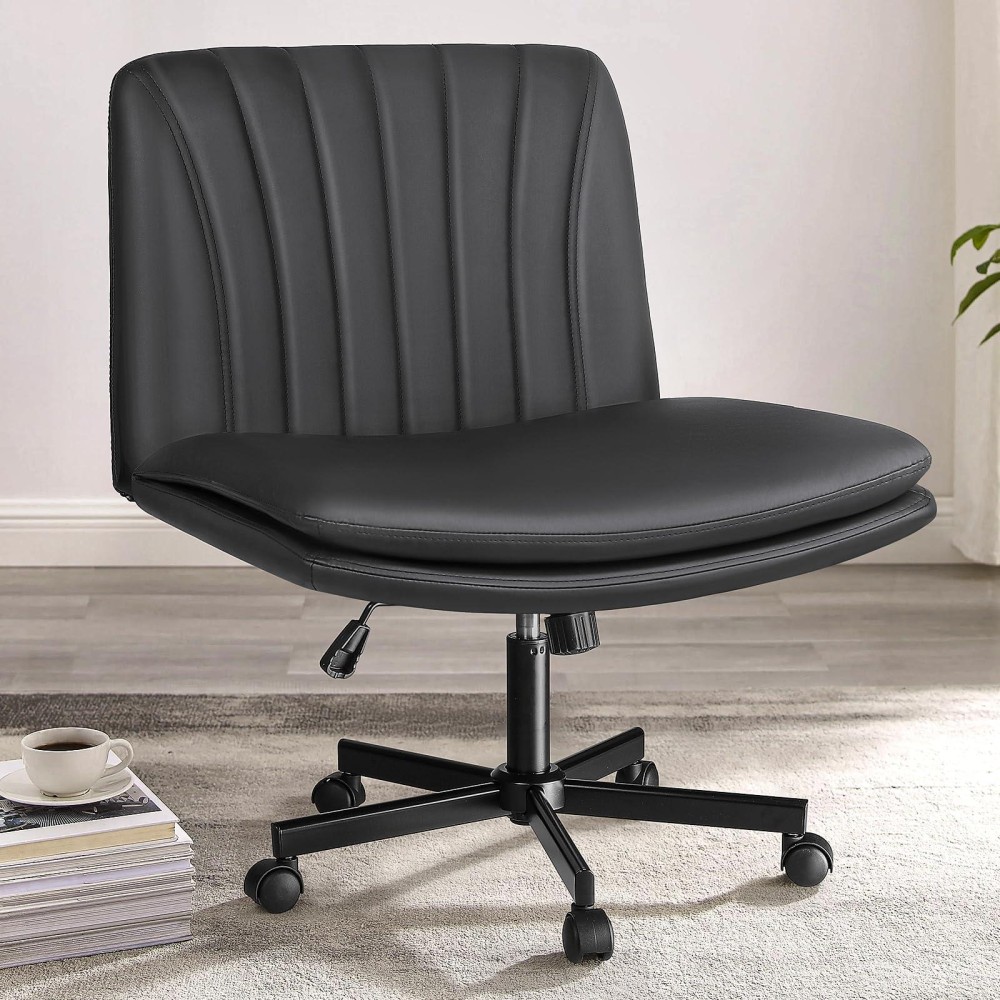 Pukami Criss Cross Chair With Wheels Pu Leather Armless Cross Legged Office Desk Chair For Home Office Modern Swivel Height Adju