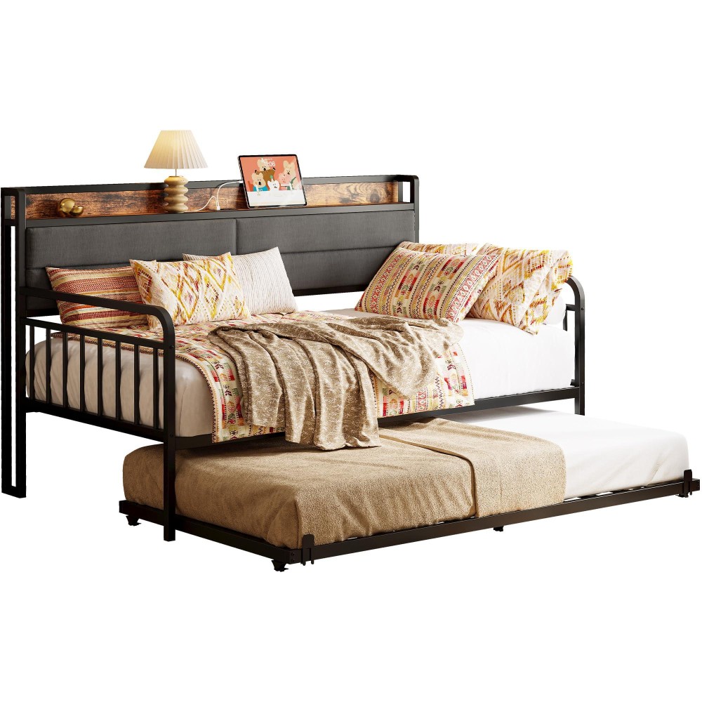 Likimio Daybed With Trundle Sturdy Metal Twin Bed Frame With Upholstered Headboard And Charging Station For Living Room Bedroo