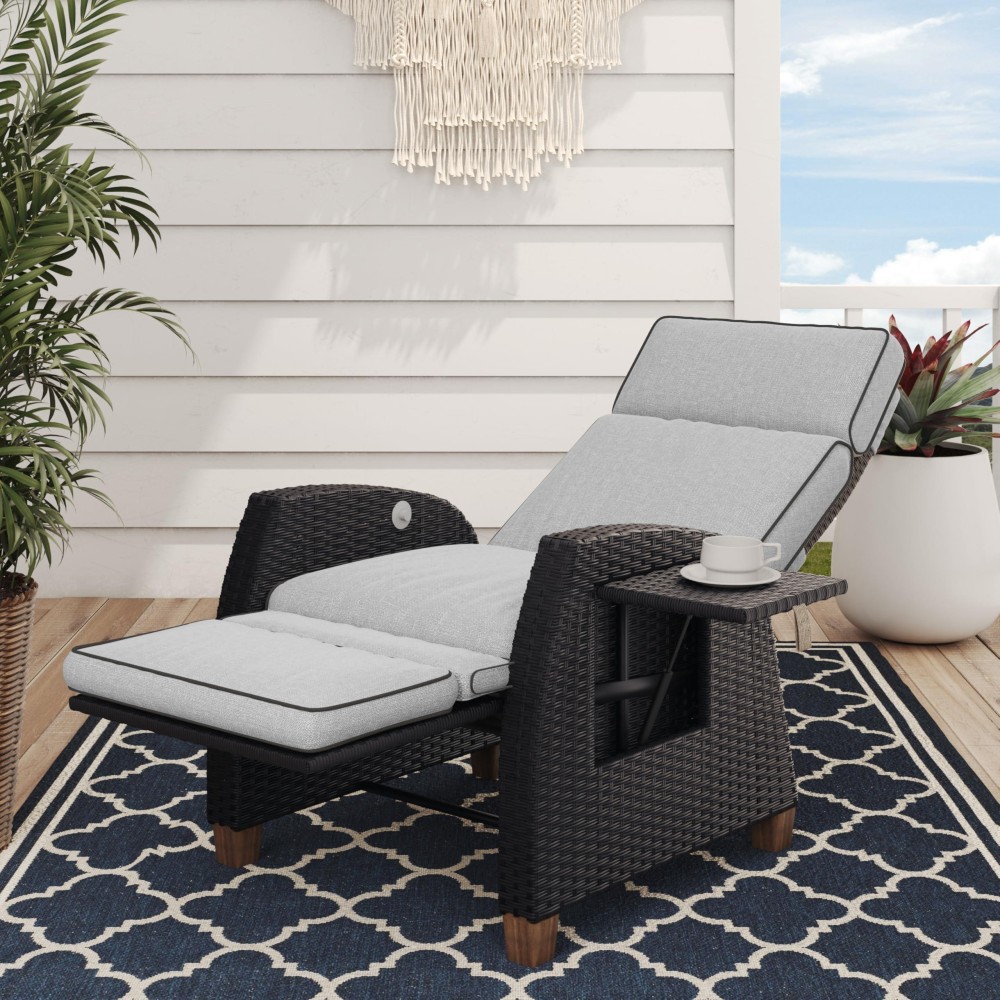 Grand Patio Outdoor Recliner Chair Patio 150 Lay Flat Recliner With Flip Table Wicker Reclining Lounge Chair Griege