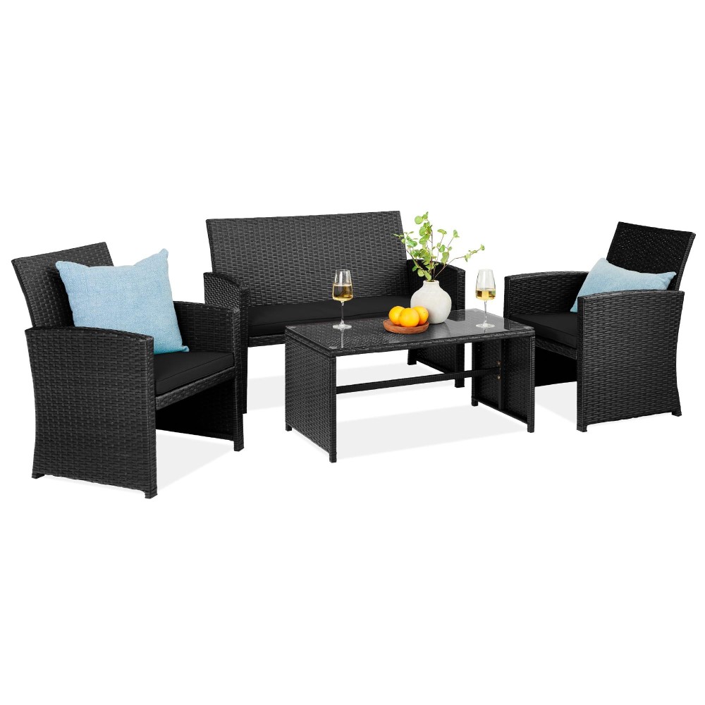 Best Choice Products 4Piece Outdoor Wicker Patio Conversation Furniture Set For Backyard Wcoffee Table Seat Cushions Black