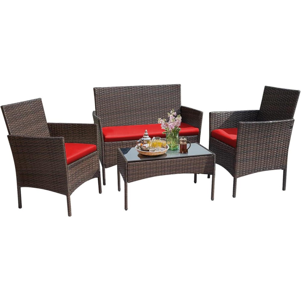 Flamaker Outdoor Furniture Patio Set Cushioned Pe Wicker Rattan Chairs With Coffee Table 4 Pcs For Garden Poolside Porch Backyar