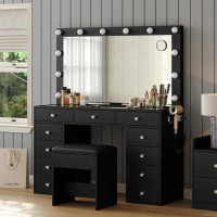 Fusou Vanity Desk With Power Outlet Makeup Vanity With Mirror And 12 Led Lights 3 Lighting Modes 11 Drawers Vanity Table With