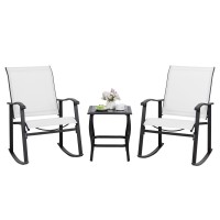 Shintenchi 3 Piece Rocking Bistro Set Outdoor Furniture With Rocker Chairs And Glass Coffee Table Set Of 3 Balcony Porch Furn