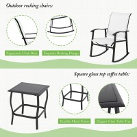 Shintenchi 3 Piece Rocking Bistro Set Outdoor Furniture With Rocker Chairs And Glass Coffee Table Set Of 3 Balcony Porch Furn