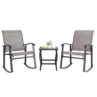 Shintenchi 3 Piece Rocking Bistro Set Outdoor Furniture With Rocker Chairs And Glass Coffee Table Set Of 3 Balcony Porch Furn