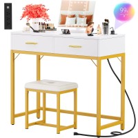 Cyclysio Vanity Desk With Charging Station White Makeup Vanity With Lighted Mirror Trifold Small Vanity Set With Drawers And