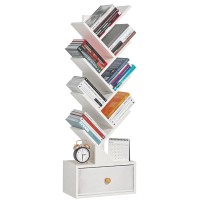 Sheepam 8 Tier Tree Bookshelf With Drawer Free Standing Wood Bookcase For Narrow Space Storage Organizer Bookshelves For Books