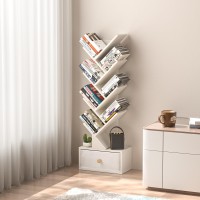 Sheepam 8 Tier Tree Bookshelf With Drawer Free Standing Wood Bookcase For Narrow Space Storage Organizer Bookshelves For Books