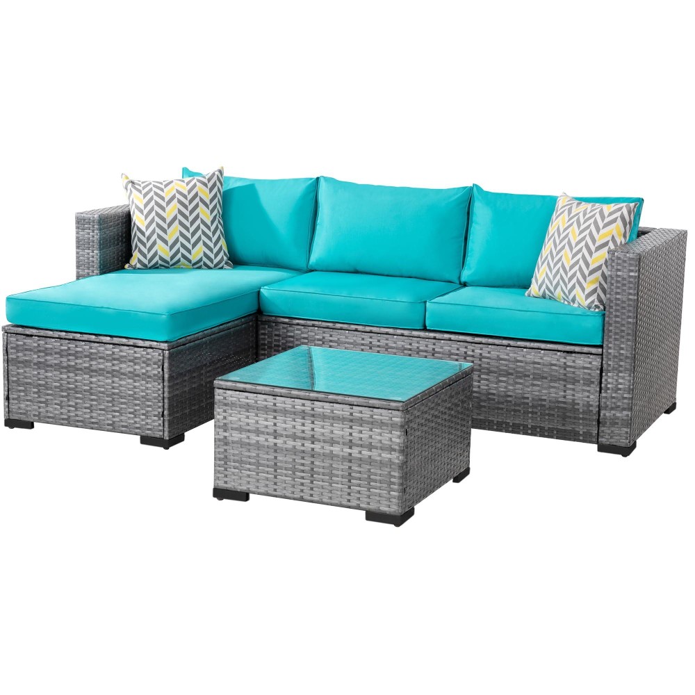 Shintenchi Patio Furniture Sets 3 Pieces Outdoor Sectional Sofa Silver Allweather Rattan Wicker Sofa Small Patio Conversation C