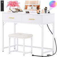 Cyclysio Vanity Desk With Charging Station White Makeup Vanity With Lighted Mirror Trifold Small Vanity Set With Drawers And