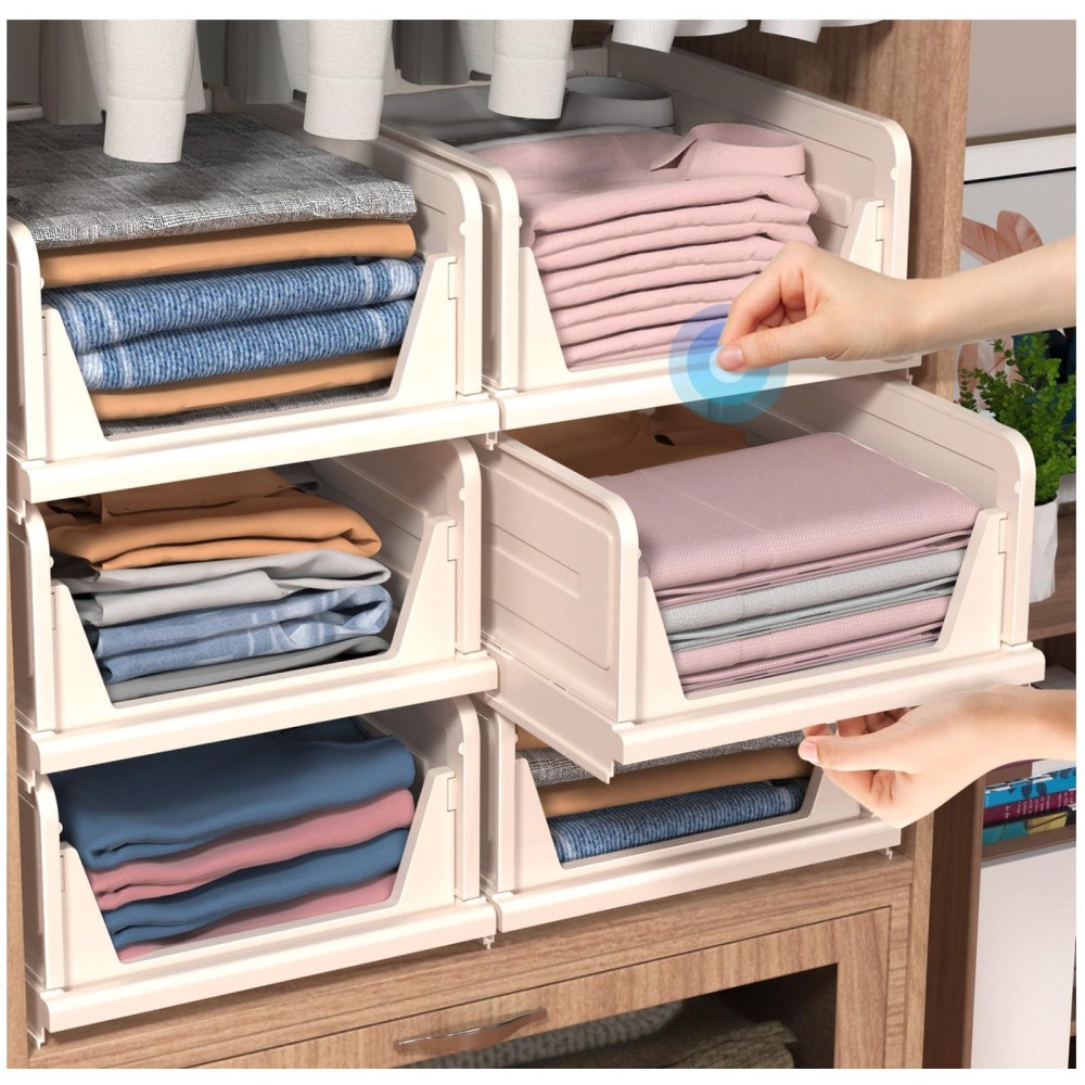 Ctsnslh 6 Pack Folding Closet Organizers Storage Box Stackable Storage Bins Plastic Drawer Basket Closet Storage For Wardrobe